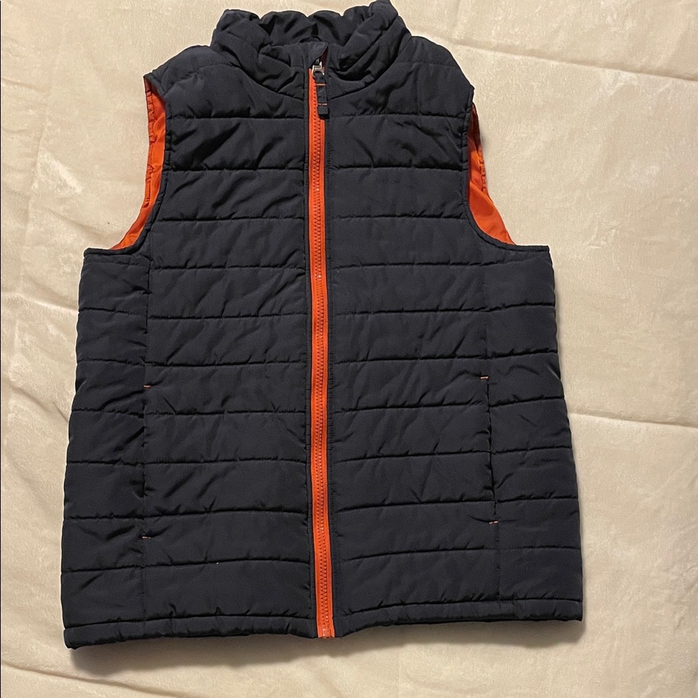Lands' End Navy Blue and Orange Puffer Vest Boys size M 10-12